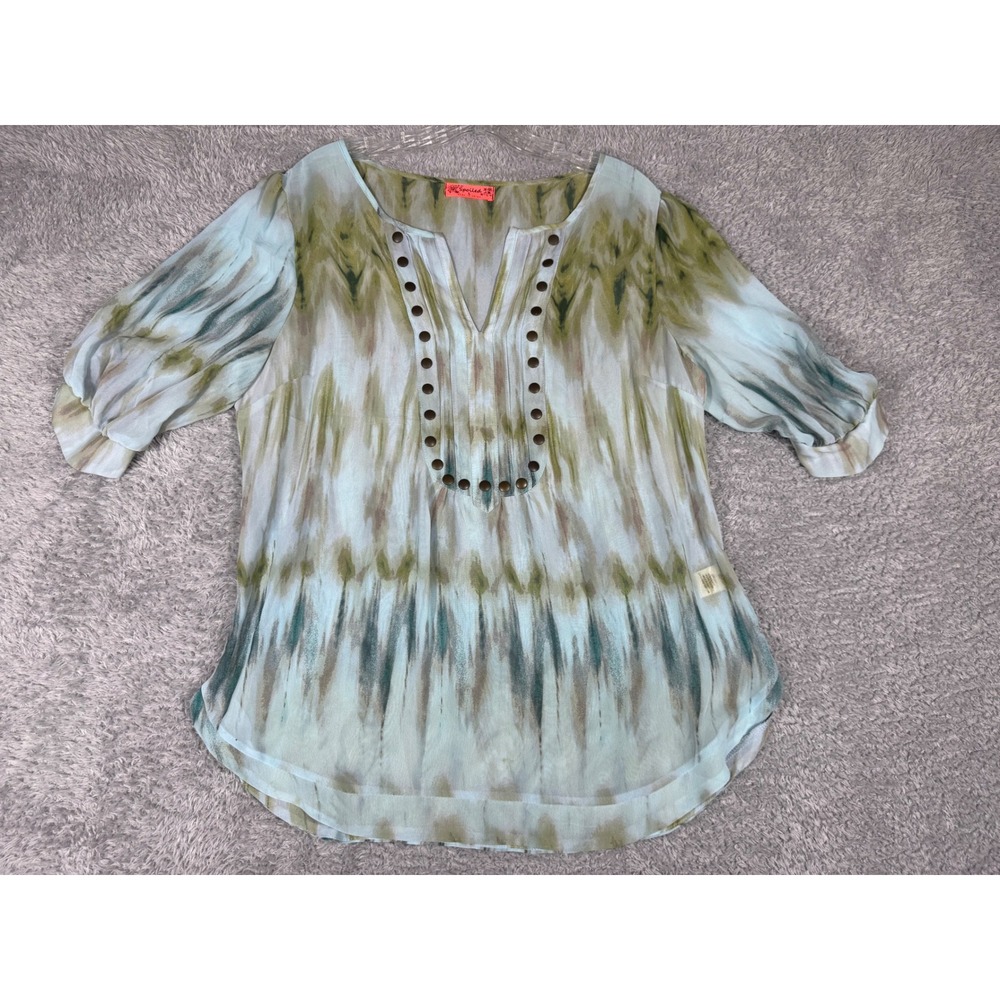 Spoiled Blouse Womens Large Green Blue Studded Ikat Boho Top Good Condition